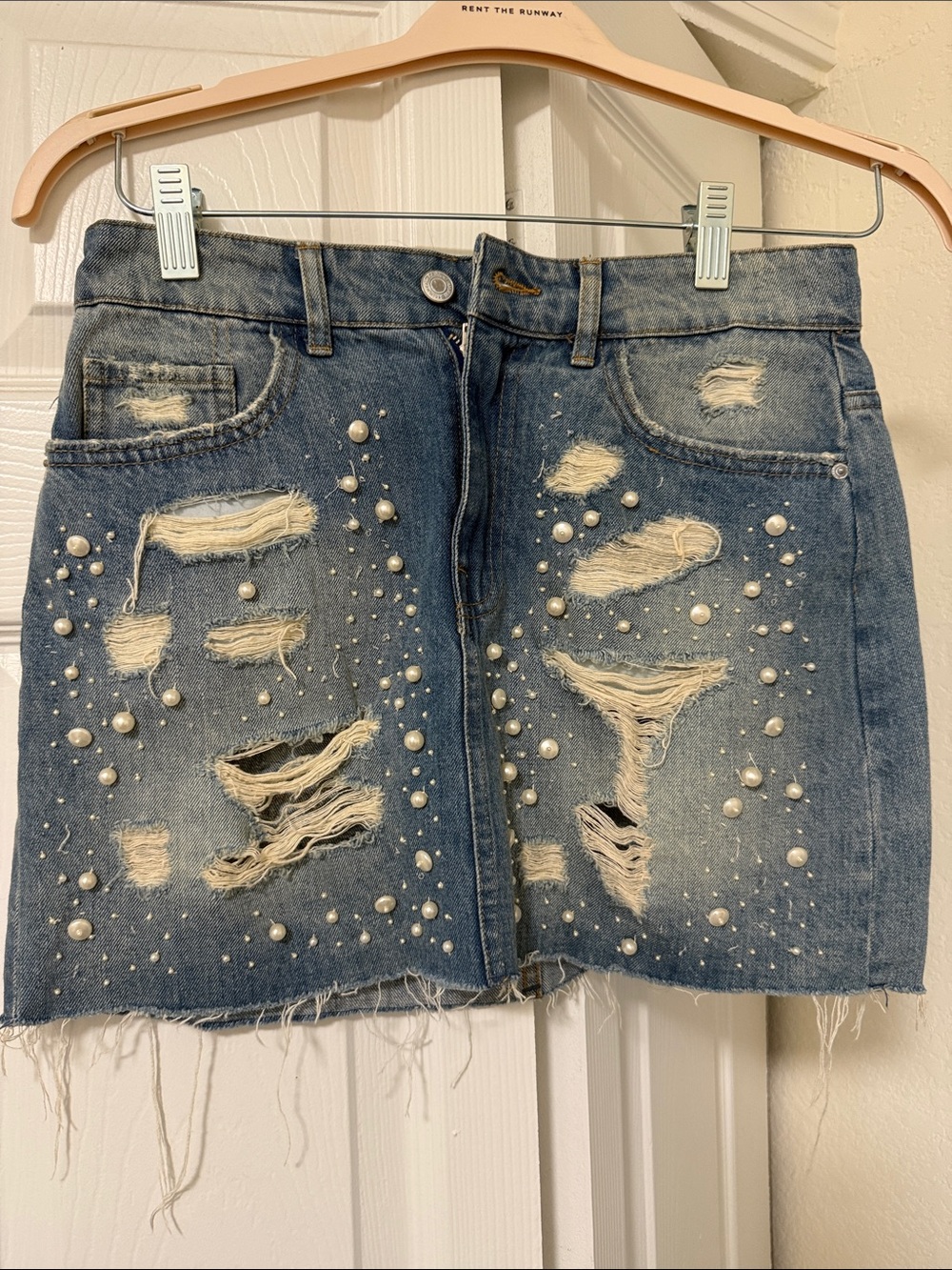 Zara Distressed Pearl-Embellished Denim Mini Skirt - Blue size small